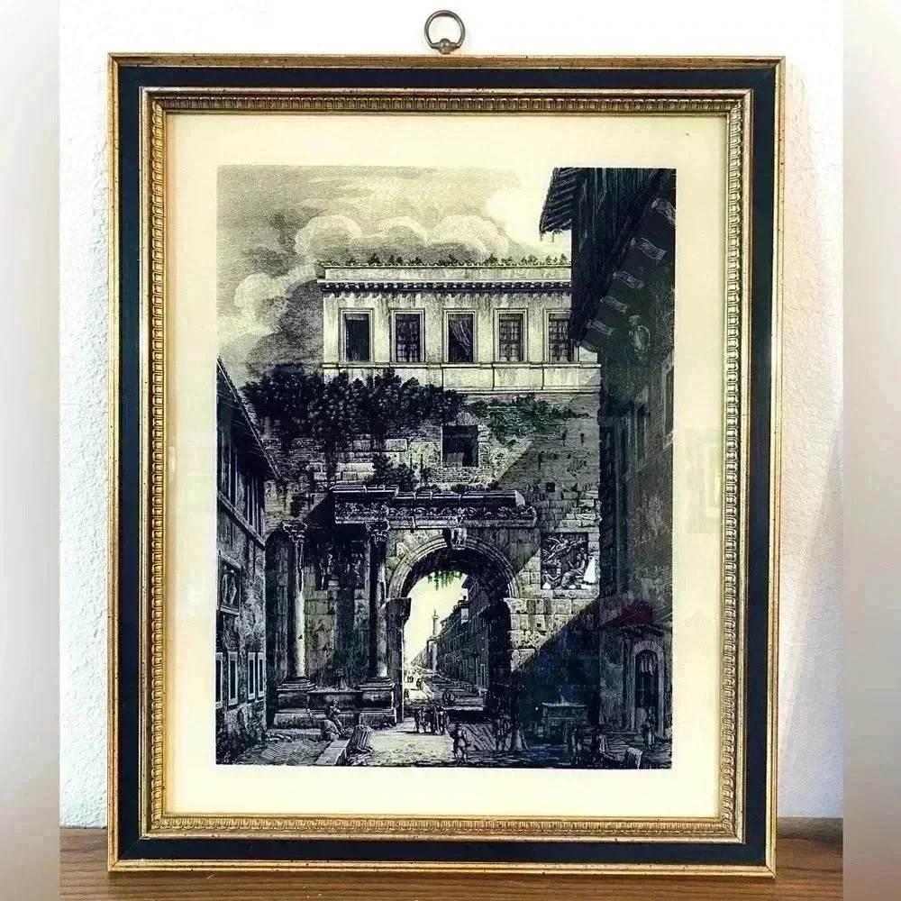 Vintage MCM Turner Hand Colored Italian Scene Glass in Frame Artwork